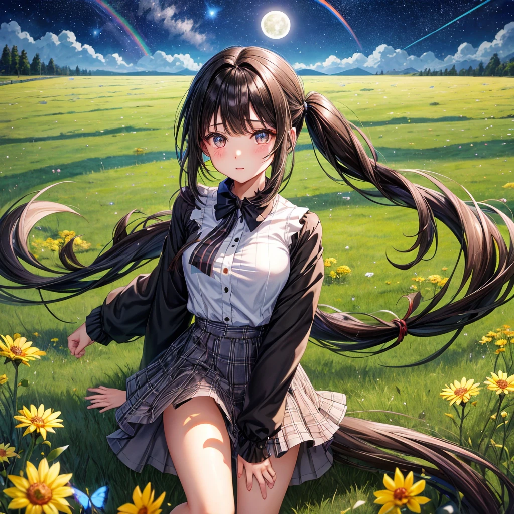 Black brown hair、poneyTail、verd s eyes、one good looking girl、独奏、animesque、lightly dressed、Plaid miniskirt、a black T-shirt、grass field、fullmoon、Meteor swarm、Glittering starry sky、rainbow butterfly flying、fish-eye lens