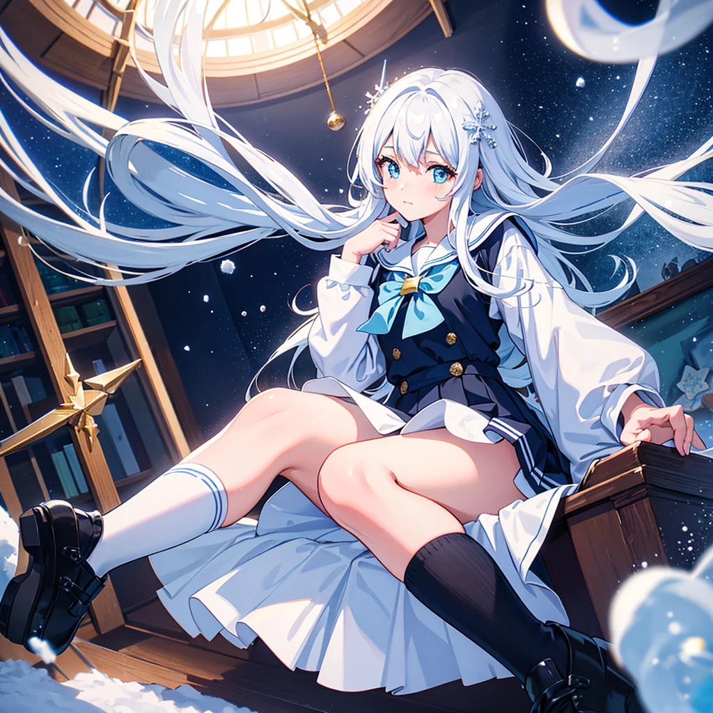 {{{Snow globe}}}, {white background, inside a container, underwater, light particles, snow particles}, {{one girl, sitting, super beautiful girl, colorful hair, blue eyes, long hair , long-sleeved sailor uniform, hair ornament, black skirt, knee socks, black shoes}}, {wind}, tree inside a snow globe, house inside a snow globe, {{masterpiece}}, {{{top quality}}}, {{Super Detail} }, {{Illustration}}, Cinematic Lighting, { {Caustic}}, Lens Flare, Beautiful Detailed Glow, Dynamic Angle, Depth of Field, Light Leak, Amazing, Fine Details, High definition CG, original, {{8k_wallpaper} }, chromatic aberration