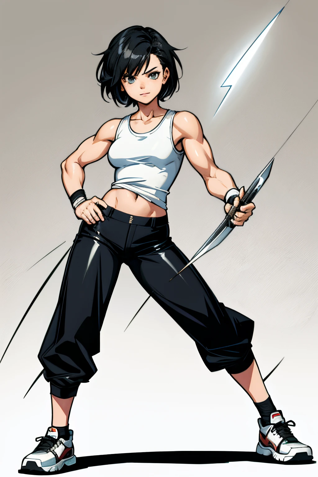 Cute girl, short hair, Classic Fit white Tank Top, She wears long black pants, Wolverine, Logan, X-Men, Full body