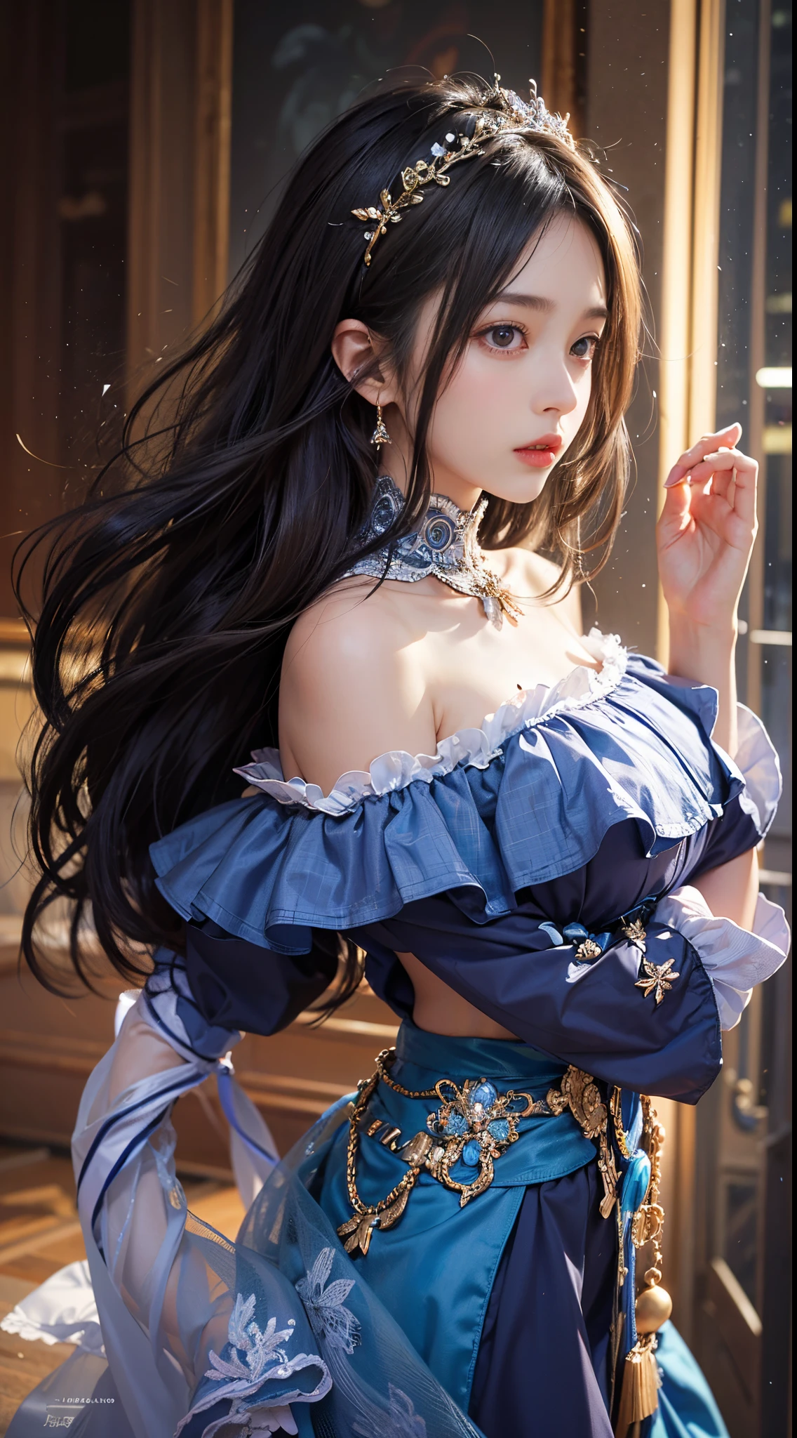 Her dark hair, Luxurious, Wavy, Gracefully running down the shoulder、Flows gently around the face, Framing with pomp.