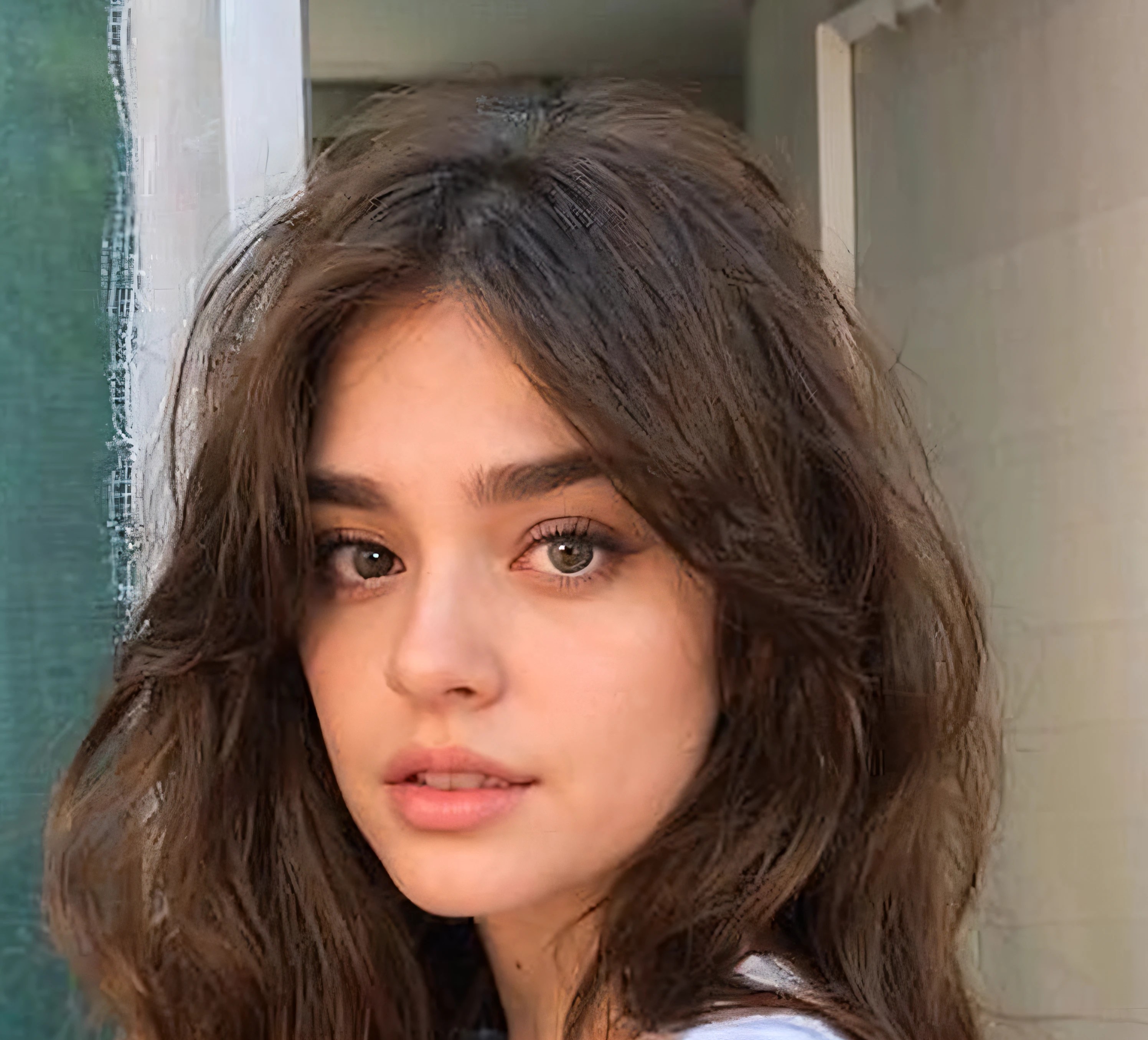 arafed woman with long brown hair and a white shirt, brown hair and large eyes, curtain bangs, thick bushy straight eyebrows, large eyes and flowing long hair, girl with brown hair, extremely beautiful face, beautiful fine face features, center parted curtain bangs, wavy shoulder-length hair, gorgeous attractive face, center parted brown hair jawline defined jawline