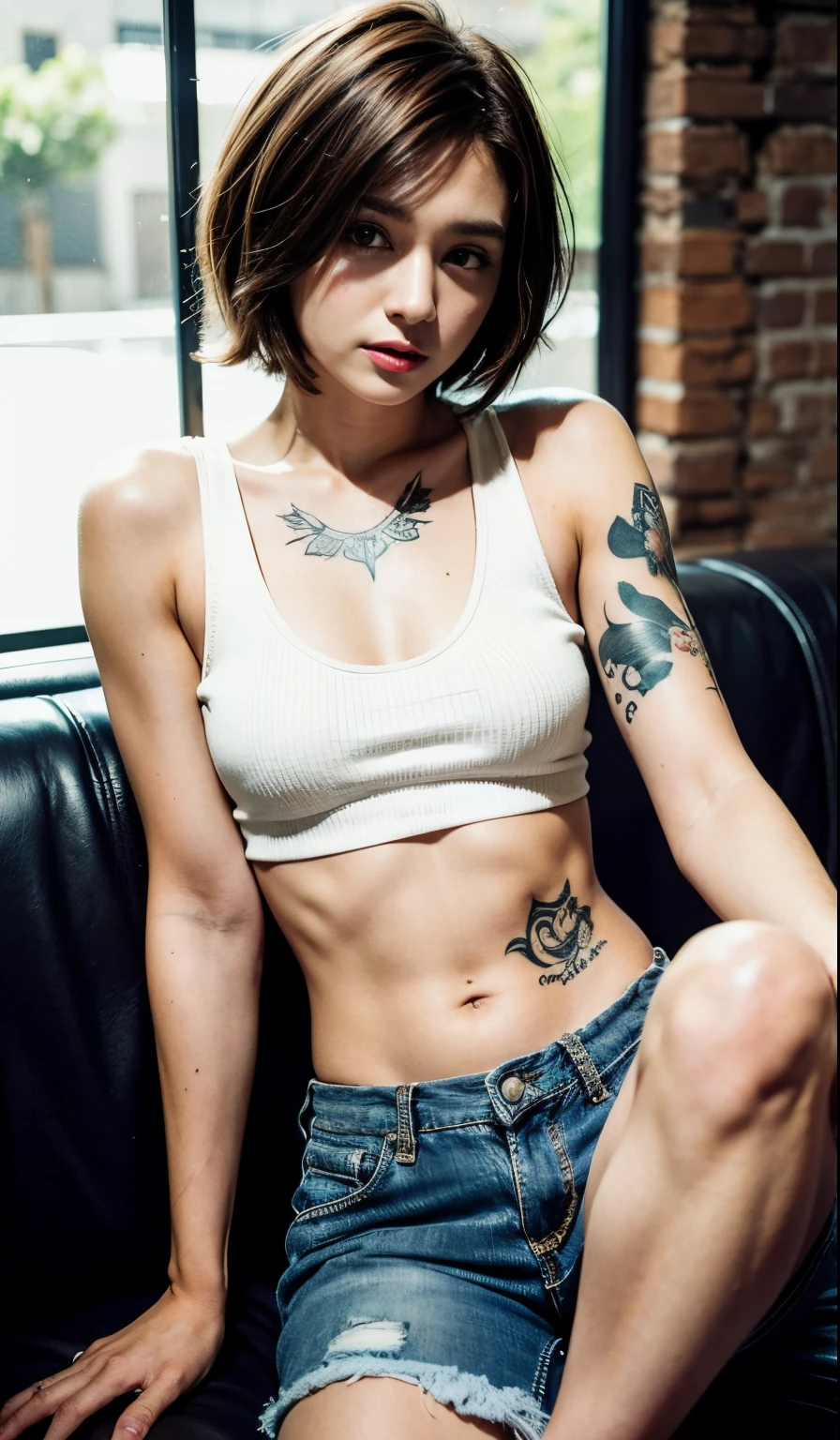 Brown hair berry short cut hair、Dirty white tank top、Flower tattoos on both arms、Realistic skin texture、28 year old 、punk、Tattoos all over the body 、Leather sofa in an abandoned factory、Old table、Woman sitting、