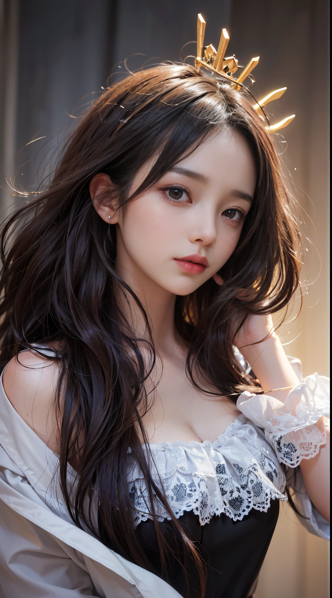 Her dark hair, Luxurious, Wavy, Gracefully running down the shoulder、Flows gently around the face, Framing with pomp.