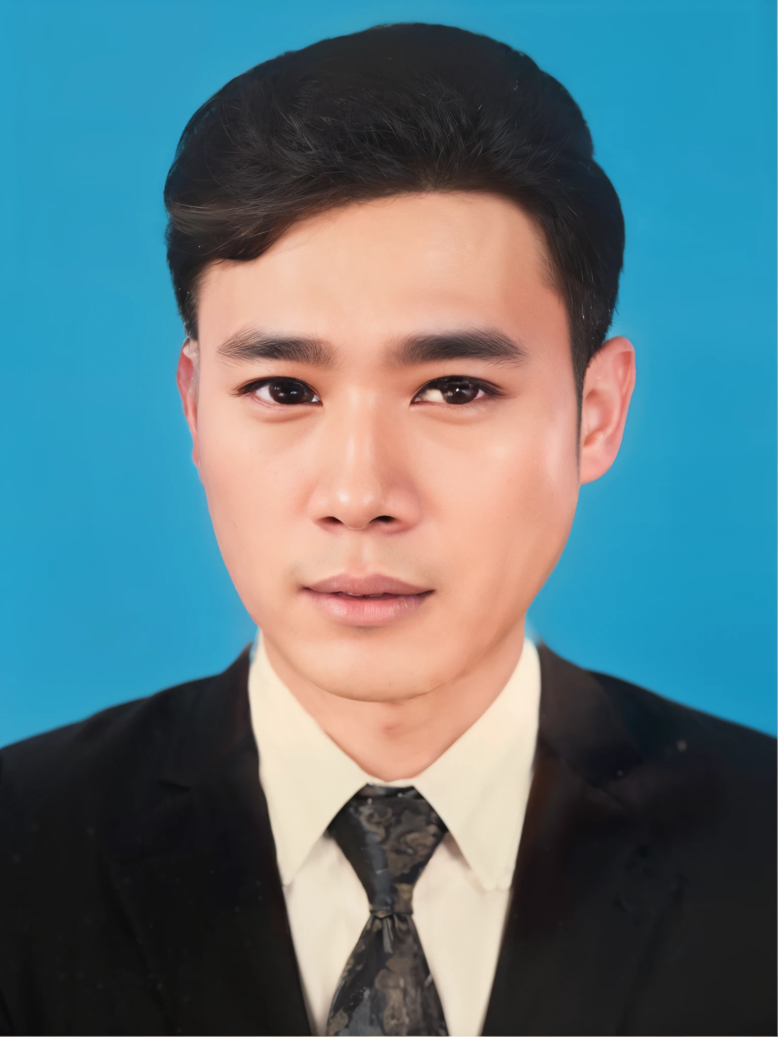 (best quality,realistic,masterpiece:1.2),Asian men's 3/7 hairstyle (black), no beard, extremely detailed face, detailed eyes,detailed nose and lips,defined eyebrows,sharp focus,high-res texture,ultra-realistic skin rendering,vivid colors,highlight and shading,studio lighting