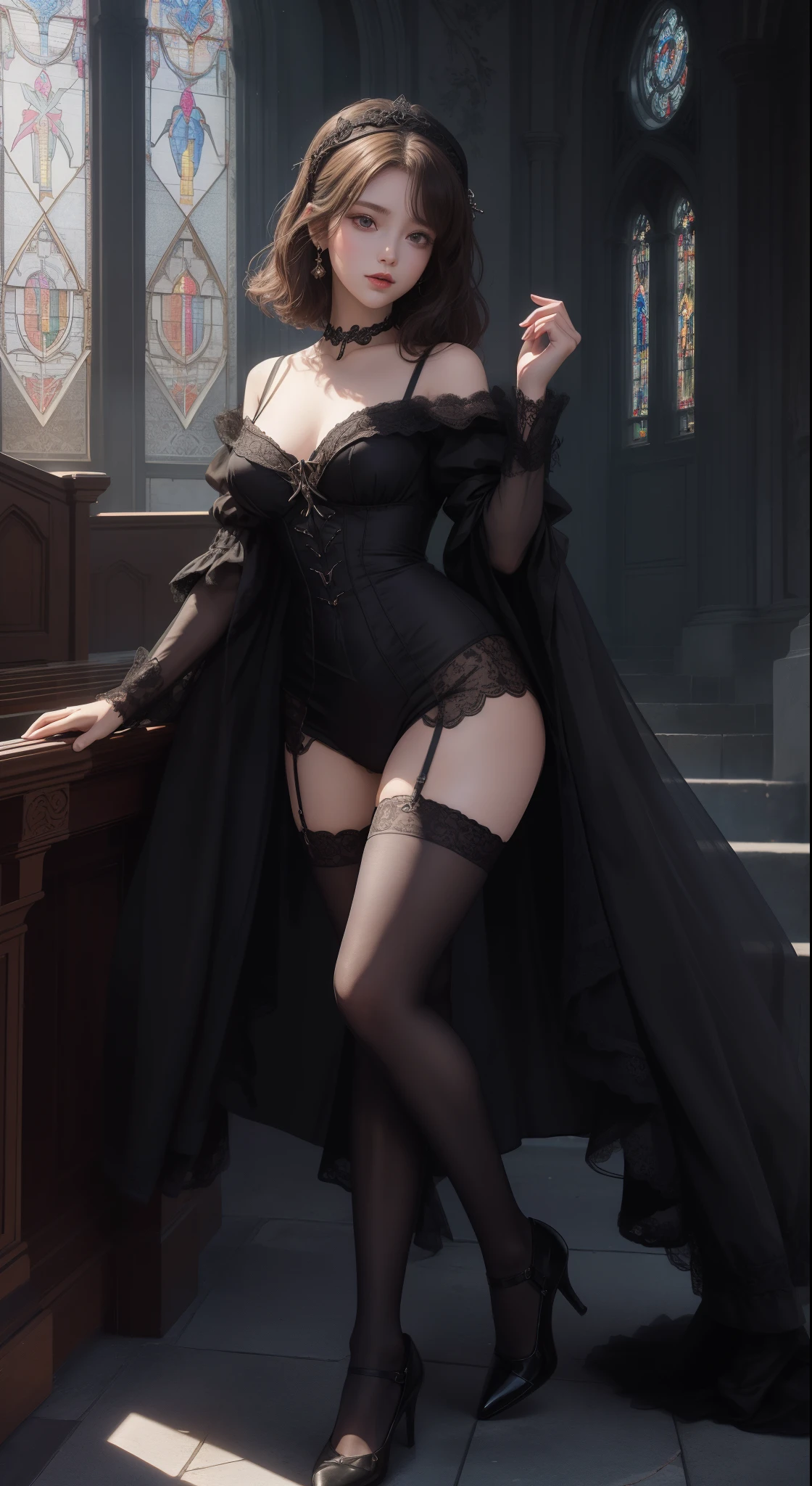 tmasterpiece，Highest image quality，Beautiful full body portrait of a girl，femele&#39;Short hair details，hair pin，Comes with lace nun and black stockings，Church background，Ultra-detailed details，advanced。At the Pixiv Art Station，Break your own power，The kinky is exposed，R-18G