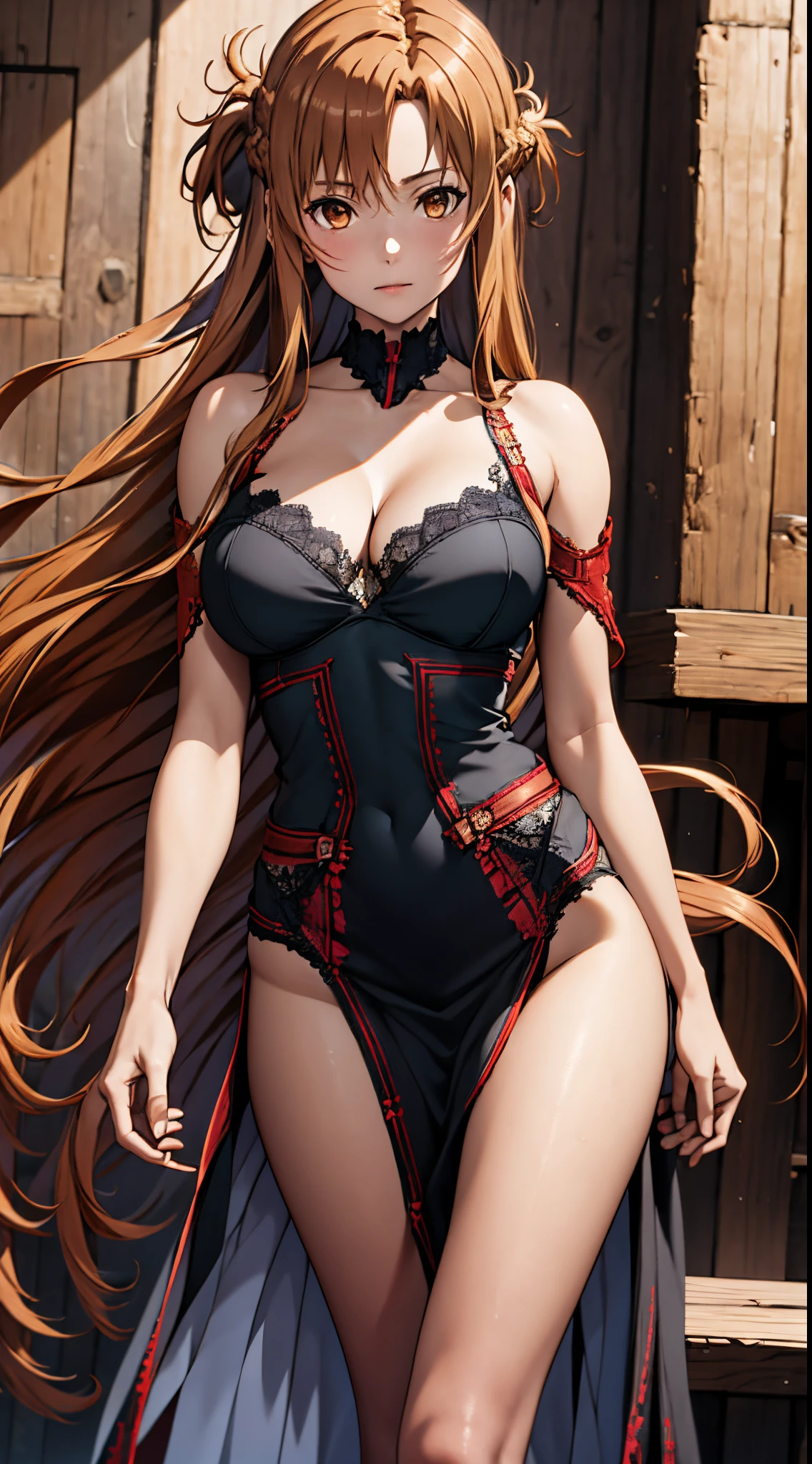 anime, highly detailed face, highly detailed eyes, highly detailed background, perfect lighting, full body, 1girl, solo, Asuna Yuuki, asuna, formal, indoors, black detailed dress, black heels, cleavage, tiara, jewelry, hair bun, frilled skirt, see-through, black lingerie long light brown hair, absurdres, high res, ultrasharp, 8K, masterpiece, looking at viewer, holding black sword