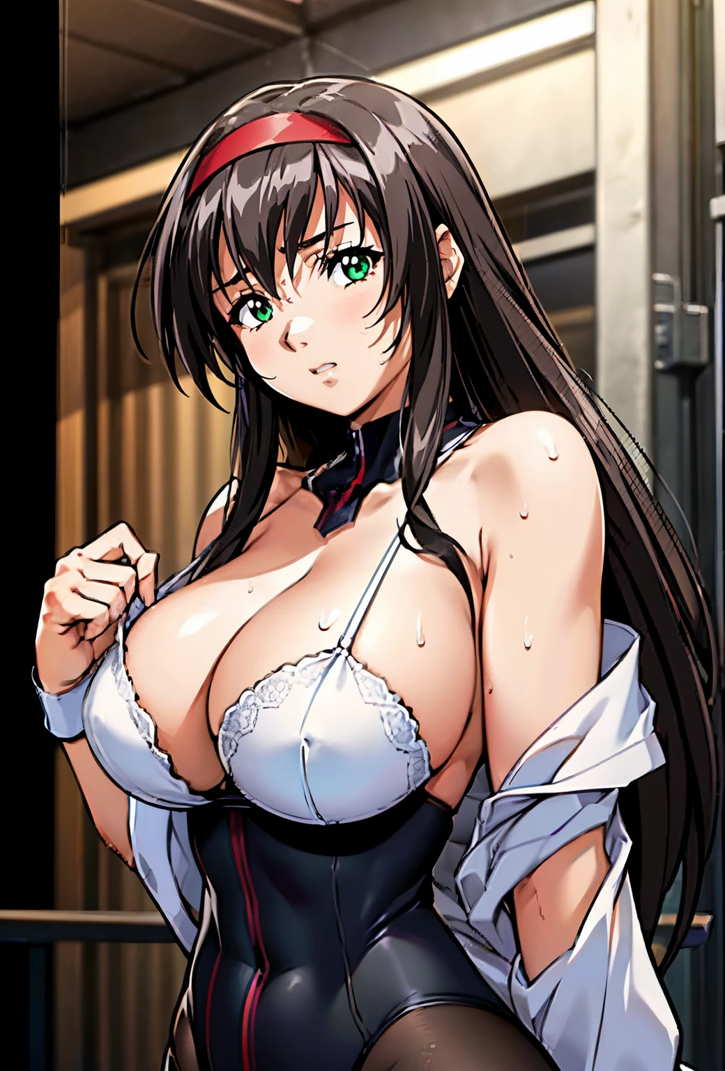 (tmasterpiece:1.2, Best quality), actual, (Real pictures, Complicated details, depth of fields), tmasterpiece, Best quality, Bedrooms,bunk,Indoors,
white bra,white colors, LOP, 鎖骨, shoulder,
black hair color hair,Green-eyed,Long gray hair,through bangs,red hairband,
1 girl, 20 years,younger female,Beautiful Finger,Beautiful long legs,beaturiful body,beautiful nose,Beautiful character design, perfect eyes, is a perfect face,Expressive eyes,Perfect balance,
looking at viewert,(focus on her face),shut up, (Innocent_The large_eyed:1.0),
offcial art,extremely detaild的 CG unified 8k wallpapers, perfect litthing,Colorful, bright_street frontage_the face_lamplight,Glowing and radiant skin,
(tmasterpiece:1.0),(The best_quality:1.0), 超A high resolution,4K,ultra - detailed,
photography, 8K, HighDynamicRange, A high resolution, Ridiculous resources:1.2, Cordas Portela 400, filmgrain, vague background, bokeh:1.2, lens flare glow, (A vibrant one_colours:1.2),profesional photo,
(The beautiful,The large_:1.4), (The beautiful_the face:1.5),(Narrow_waist-up), Fair and translucent skin, , Crazy expansion, Larger than shoulder blade, Hourglass figure, Thin waist and thick hips, Pelvis larger than shoulder blades, Fitness model, Ruddy cheeks, sweaty, drenched all over the body, breath through, wheezing, Stand in a sunny park