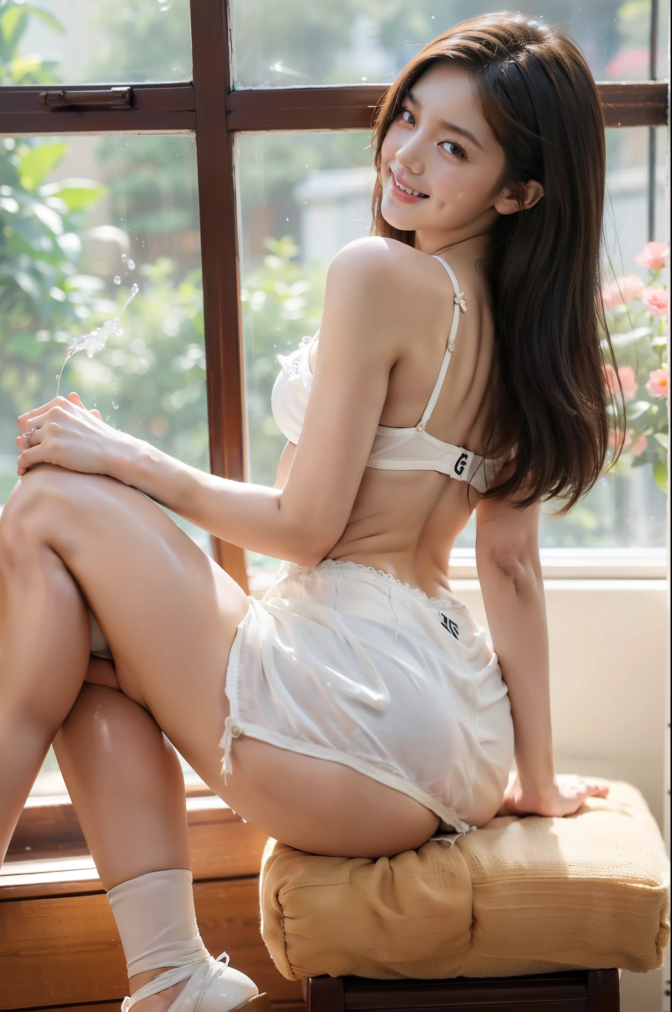 ((top-quality)), ((​masterpiece)), Back (pantyshot:1.5)/、(g-string  :1.3) 、、Standing　Open legs　lift　Skirt 、　(Semen overflowing from g-string:1.3)、 Tits、、、Sobbing tears、(thong:1.0)、 knee high　white、 woman、(cum in vaginas:1.3)、crying smile、cum in mouth、Lots of students around、show off nipple、