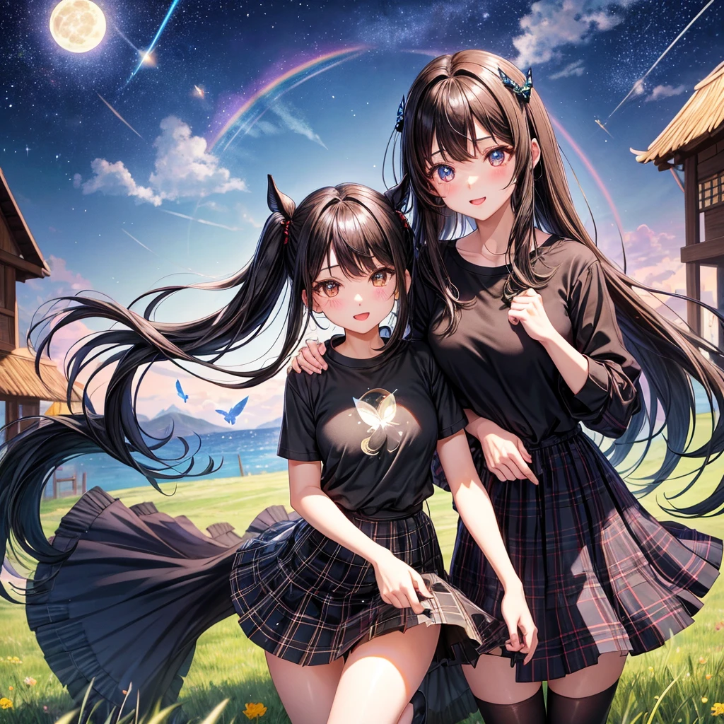 Black brown hair、poneyTail、verd s eyes、one good looking girl、独奏、animesque、lightly dressed、Plaid miniskirt、a black T-shirt、grass field、fullmoon、Meteor swarm、Glittering starry sky、rainbow butterfly flying、fish-eye lens