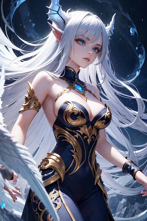 (no explanation) silver-haired dragon girl, detailed eyes, detailed lips, long eyelashes, shiny scales, majestic pose, flying in the sky, fire-breathing, fantasy world, mythical creature, vibrant colors, ethereal lighting, high-res masterpiece:1.2, magical atmosphere, mystical aura, breathtaking scenery, dragon wings, elegant and graceful, surreal landscape, intricate details, otherworldly beauty, enchanting presence, powerful and regal, silver and gold accents, mesmerizing gaze, flowing mane, mythical beast, legendary guardian, epic fantasy