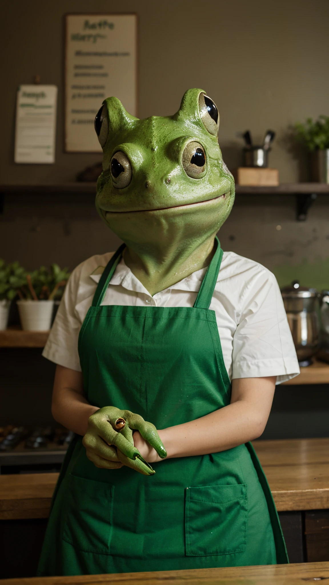 An anthropomorpic frog with green skin wearing a green apron working at a cafe