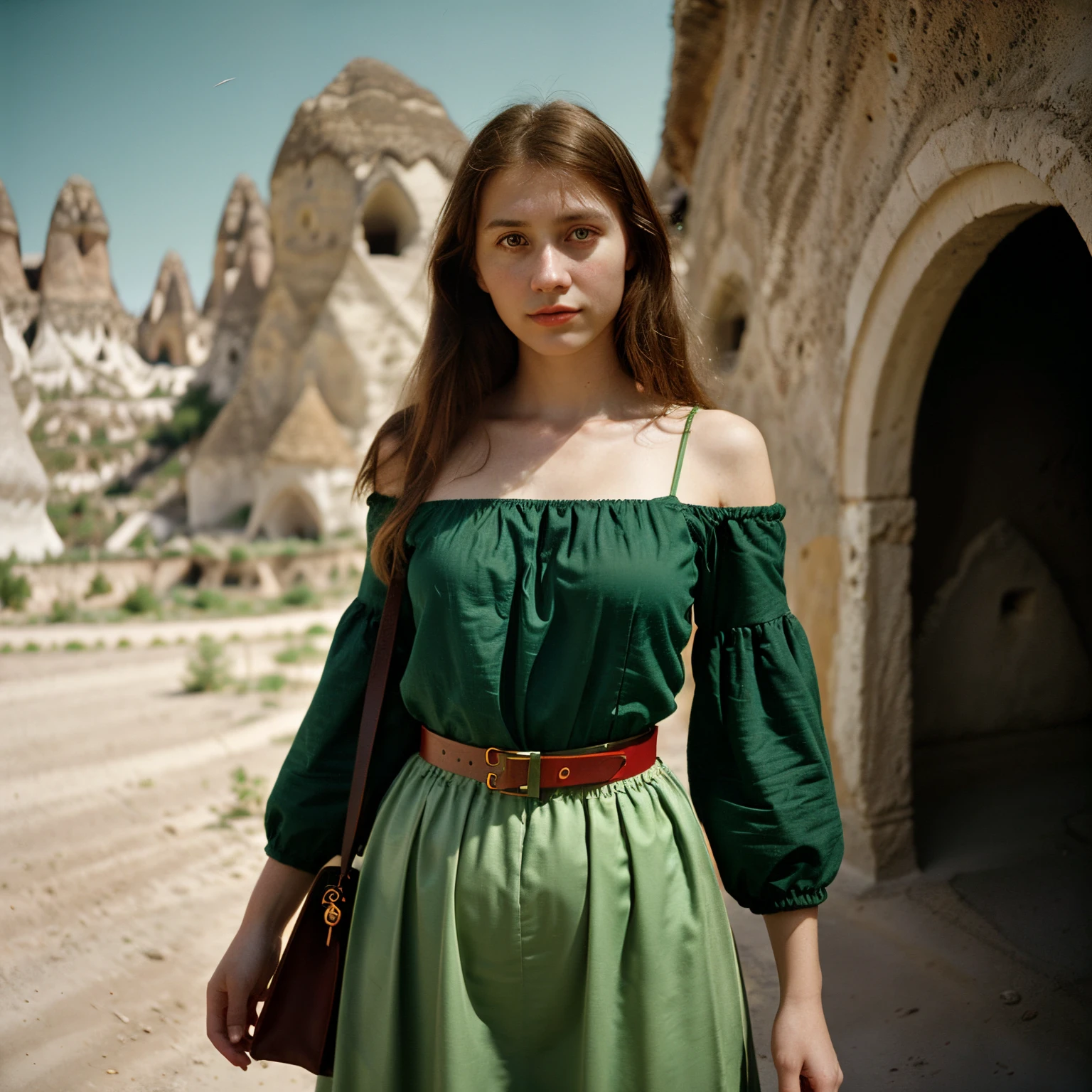 120mm Kodak Portra Medium Format Film Photography, Menina russa, 22 anos, roupa verde apertada, mulher alta, beleza. Cappadocia Fund, alegre, Enfatizadores, Cores silenciadas, Hasselblad