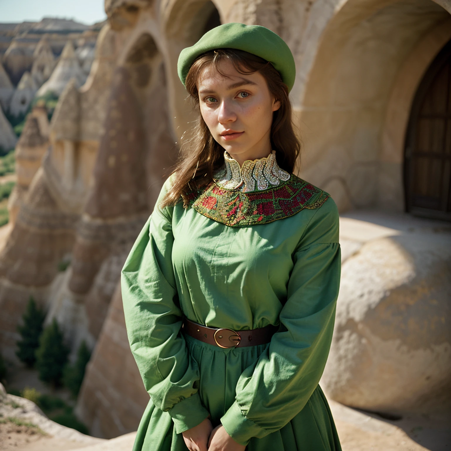 120mm Kodak Portra Medium Format Film Photography, russa, 22 anos, roupa verde apertada, mulher alta, beleza. Cappadocia Fund, alegre, Enfatizadores, Cores silenciadas, Hasselblad