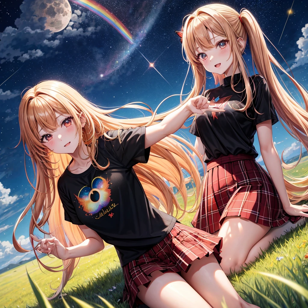 Red-blonde、poneyTail、verd s eyes、one good looking girl、独奏、animesque、lightly dressed、Plaid miniskirt、a black T-shirt、grass field、fullmoon、Meteor swarm、Glittering starry sky、rainbow butterfly flying