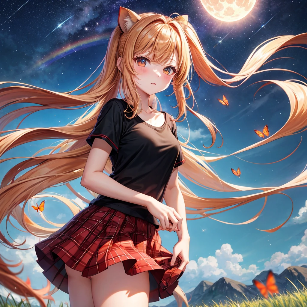 Red-blonde、poneyTail、verd s eyes、one good looking girl、独奏、animesque、lightly dressed、Plaid miniskirt、a black T-shirt、grass field、fullmoon、Meteor swarm、Glittering starry sky、rainbow butterfly flying