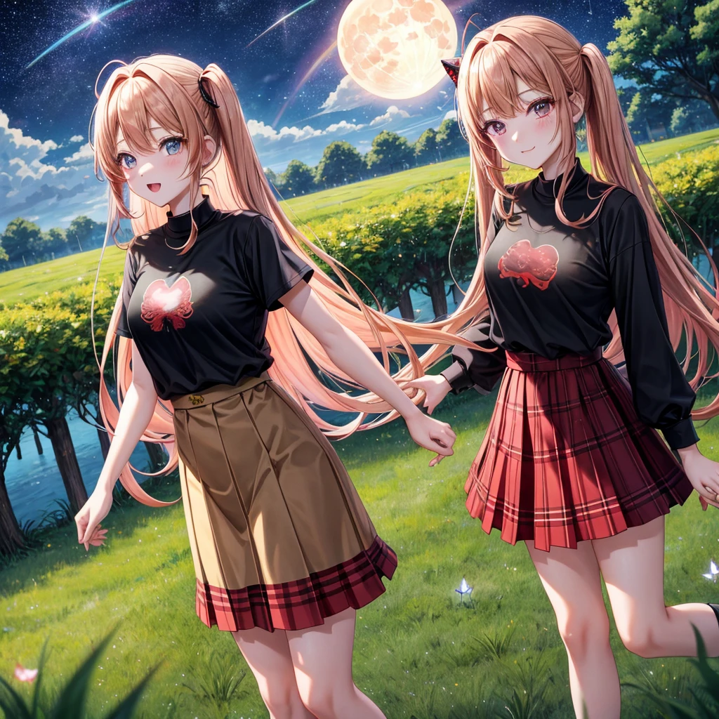 Red-blonde、poneyTail、verd s eyes、one good looking girl、独奏、animesque、lightly dressed、Plaid miniskirt、a black T-shirt、grass field、fullmoon、Meteor swarm、Glittering starry sky、rainbow butterfly flying