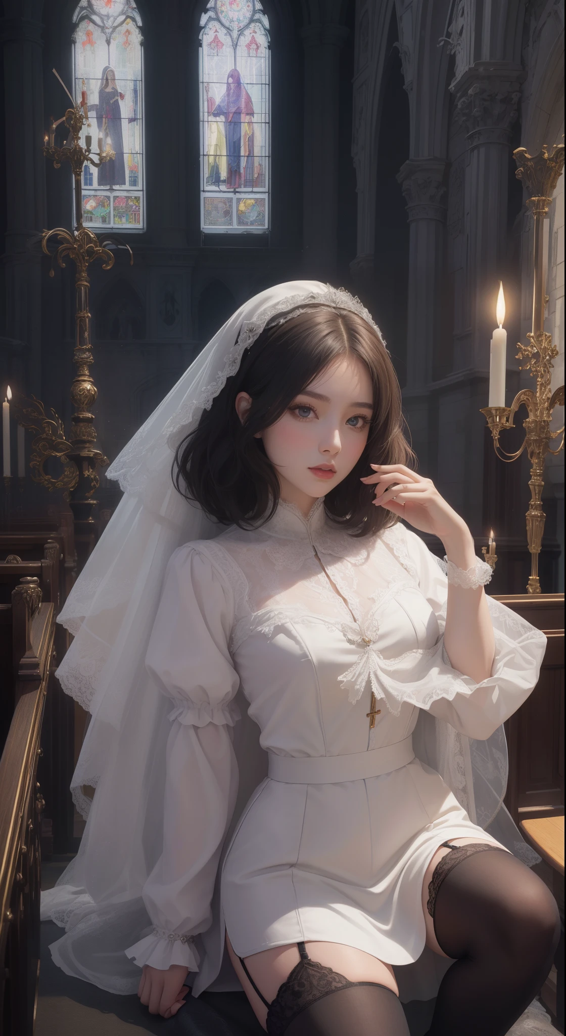 tmasterpiece,Highest image quality,Beautiful full body portrait of a girl,femele'Short hair details,hair pin,Comes with lace nun and black stockings,Church background,Ultra-detailed details,advanced。At the Pixiv Art Station,Break your own power,Obscenity exposed,R-18G