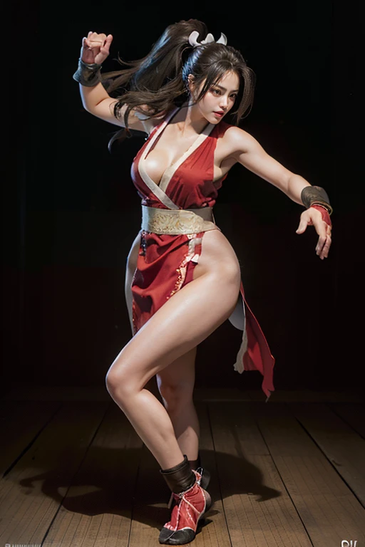 (mai shiranui:1.5), (tabi:2.0), (toe:1.2), (Full body portrait:2.0), Full body, (Realism), (masutepiece:2.0), (Best Quality), (ultra-detailliert), (8K, 4K, Convoluted), (Flat Lighting:1.2), (skinny), Prestige, Brown eyes, Long hair, brown eyes, long hair, brown hair, white ribbon, sleeveless, ponytail, sash, pelvic curtain, arm guards, gloves, tabi, fascinated expression, Sexy eyes, slim, medium breasts, Smile, Cute, view the viewer, Long hair, Close to Japan temple, (breasts focus:1.2), (Realistic:1.2), (Full Shot: 1.2), (85 mm), light Particle, Lighting, (Highly detailed:1.2), (Detailed face:1.2), (gradients), SFV, Colorful, (Detailed eyes:1.2), (Detailed temples of Japan: 1.2),(Detailed background), (Dynamic Angle:1.2), (Dynamic Pose:1.2), (Line of action:1.2), Wide Shot, Daylight, Solo.