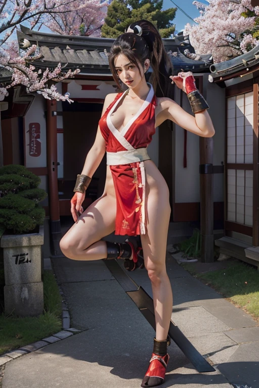 (mai shiranui:1.5), (tabi:2.0), (toe:1.2), (Full body portrait:2.0), Full body, (Realism), (masutepiece:2.0), (Best Quality), (ultra-detailliert), (8K, 4K, Convoluted), (Flat Lighting:1.2), (skinny), Prestige, Brown eyes, Long hair, brown eyes, long hair, brown hair, white ribbon, sleeveless, ponytail, sash, pelvic curtain, arm guards, gloves, tabi, fascinated expression, Sexy eyes, slim, medium breasts, Smile, Cute, view the viewer, Long hair, Close to Japan temple, (breasts focus:1.2), (Realistic:1.2), (Full Shot: 1.2), (85 mm), light Particle, Lighting, (Highly detailed:1.2), (Detailed face:1.2), (gradients), SFV, Colorful, (Detailed eyes:1.2), (Detailed temples of Japan: 1.2),(Detailed background), (Dynamic Angle:1.2), (Dynamic Pose:1.2), (Line of action:1.2), Wide Shot, Daylight, Solo.