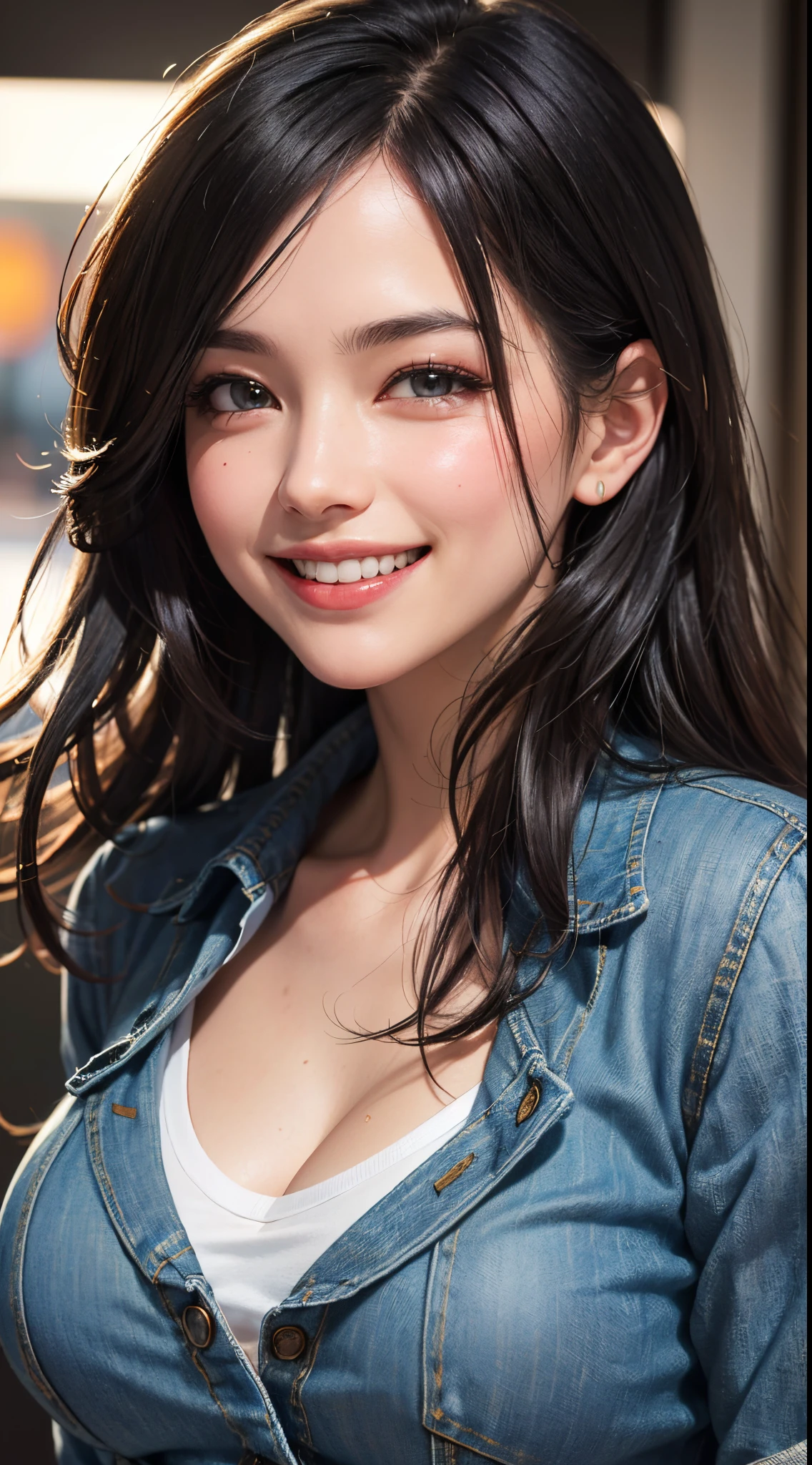 (UHD, retina, masterpiece, ccurate, anatomically correct, textured skin, super detail, high details, high quality, best quality, highres, 1080P, HD, 4K, 8k, 16k), (beautiful detailed eyes, beautiful detailed lips, extremely detailed eyes and face), studio lighting, physically-based rendering, vivid colors, (large breasts, glamorous body), (casual blazer, denim, and T-shirt), (portrait, shiny hair, shiny skin), (bokeh), (blush), eye reflection, jet black hair, (smile and laugh:1.5),