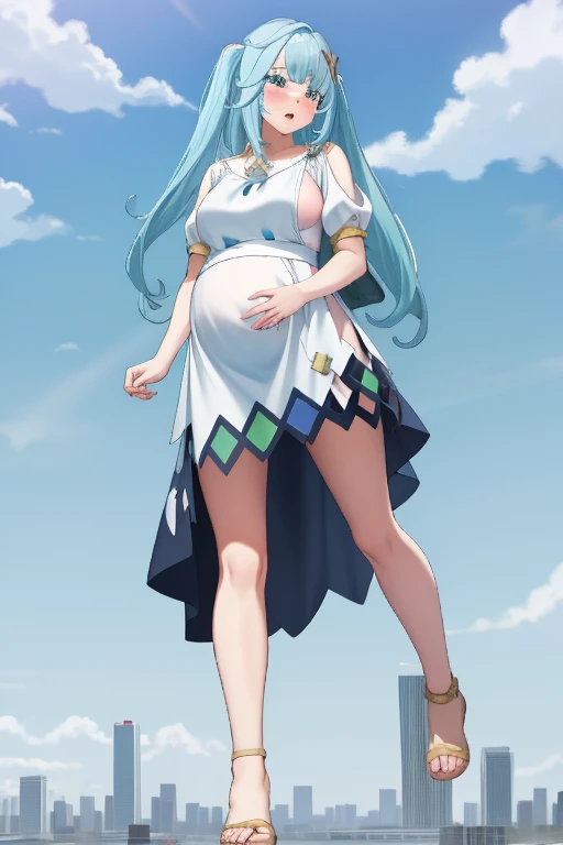 Giant maiden,Moe two-dimensional style,Pregnancy status,Round belly, Belly full of gas,Gaze at the bustling city, Lying down, Burp, Burping, Loud burp, Really loud burp, Barefoot, Embarrassed, Full body