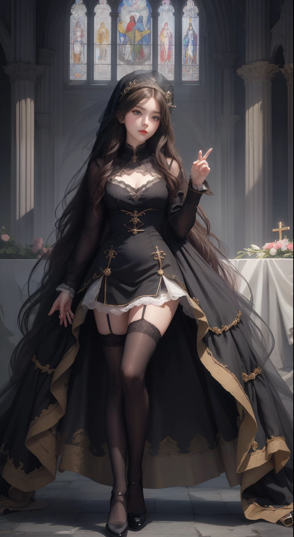 tmasterpiece,Highest image quality,Beautiful full body portrait of a girl,femele'Short hair details,hair pin,Comes with lace nun and black stockings,Church background,Ultra-detailed details,advanced。At the Pixiv Art Station,Break your own power,Obscenity exposed,R-18G