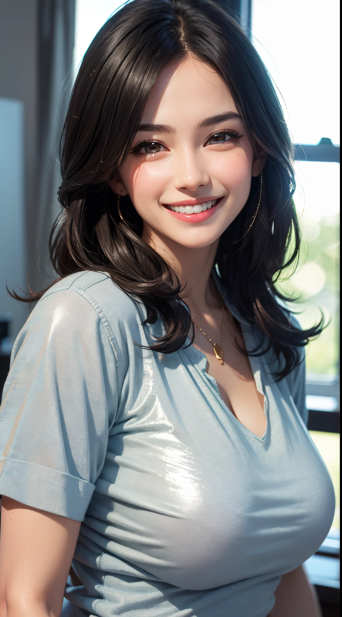 (UHD, retina, masterpiece, ccurate, anatomically correct, textured skin, super detail, high details, high quality, best quality, highres, 1080P, HD, 4K, 8k, 16k), (beautiful detailed eyes, beautiful detailed lips, extremely detailed eyes and face), studio lighting, physically-based rendering, vivid colors, (large breasts, glamorous body), (casual blazer, denim, and T-shirt), (portrait, shiny hair, shiny skin, blush), (natural light window, bokeh), eye reflection, jet black hair, (smile and laugh:1.5),