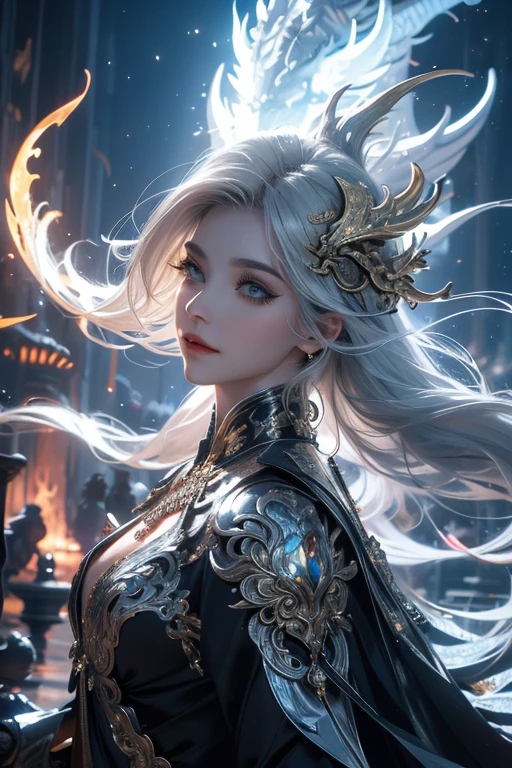 (no explanation) silver-haired dragon girl, detailed eyes, detailed lips, long eyelashes, shiny scales, majestic pose, flying in the sky, fire-breathing, fantasy world, mythical creature, vibrant colors, ethereal lighting, high-res masterpiece:1.2, magical atmosphere, mystical aura, breathtaking scenery, dragon wings, elegant and graceful, surreal landscape, intricate details, otherworldly beauty, enchanting presence, powerful and regal, silver and gold accents, mesmerizing gaze, flowing mane, mythical beast, legendary guardian, epic fantasy