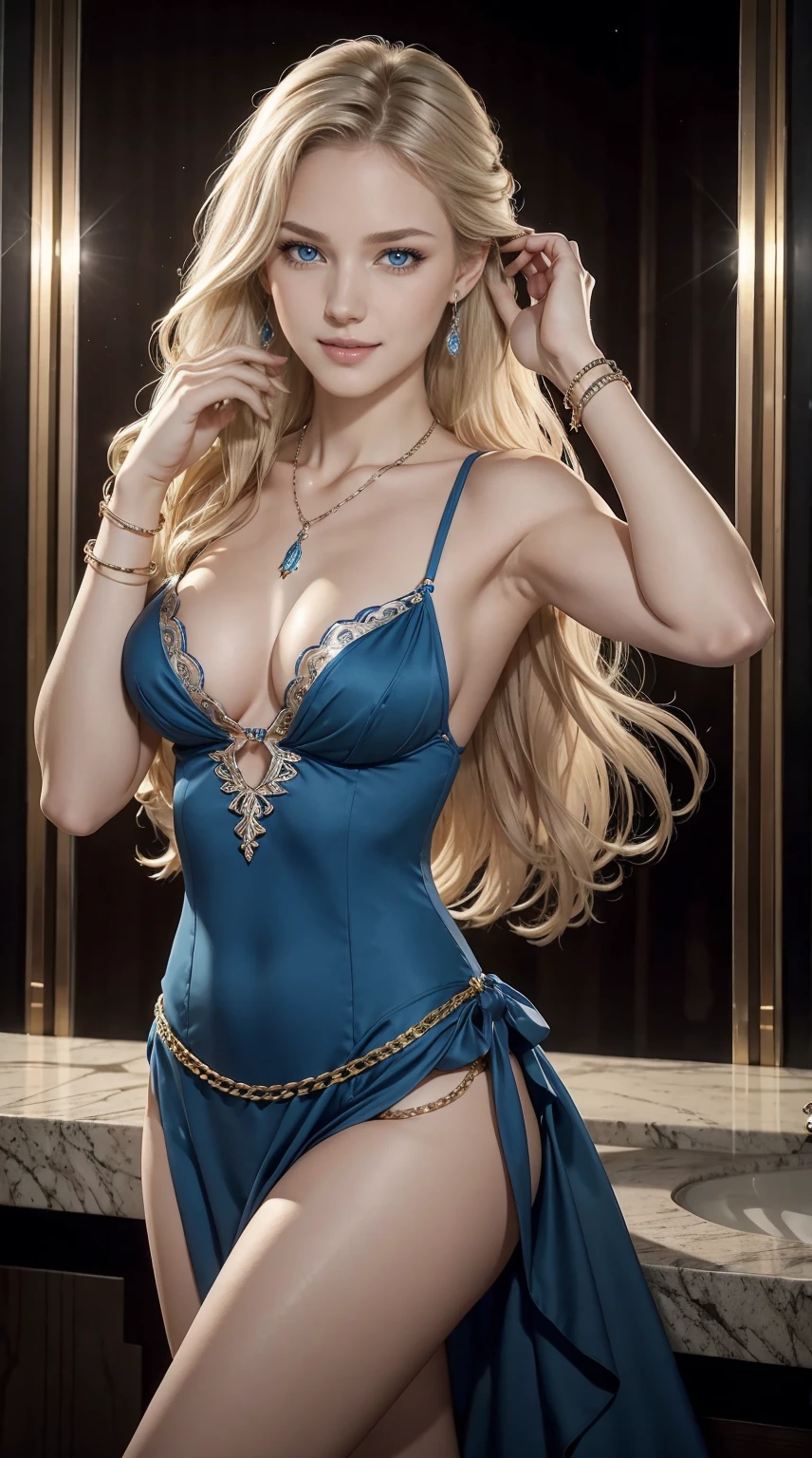 25-year-old Caucasian woman、ash blonde、blue eyess、Semi-long、setting hair、I'm tying my hair、My hair is wavy、Slender but thin macho、accessories on the wrist、wearing a chain necklace、Beautiful breasts、a smile、I need space above my head、wearing a flamenco costume、Wearing heels、