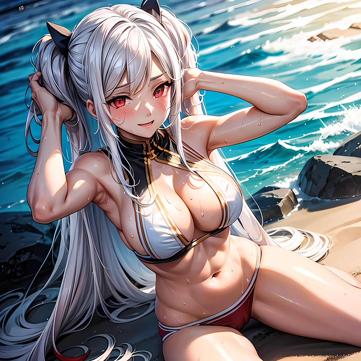 masterpiece, best quality, 1 girl, white hair, red eyes, beach, red bikini, sweat drops over body, looking at the viewer, erotic pose, pony tails, blush, smile, bend and look at the viewer, hips visible, thighs visible, clear eyes, medium breasts, show shoulders, show neck, show cleavage, medium hair, sit on a rook, raise both hands above head, both visible armpits, squat near a beach, both hands behind head, more feminine body, laying down on bed with both hands above head