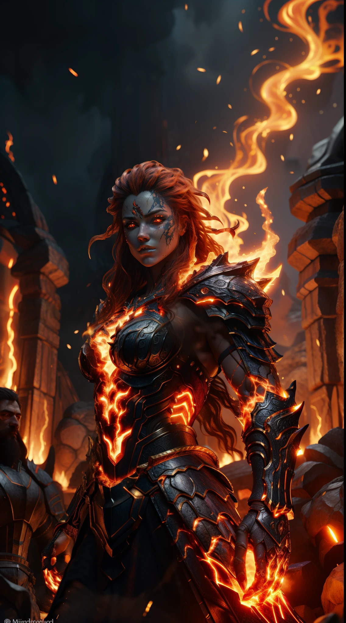 RAW photogr, (highdetailskin, 詳細な目:1.1), Complicated details, Best quality at best, 8k ultra high definition, gentlesoftlighting, fire giant, 1个Giant Breast Girl, armour, redheadwear, chest plate, colored skin, flaming eye, Full A, glowing light eyes, Molten rock, orange color hair