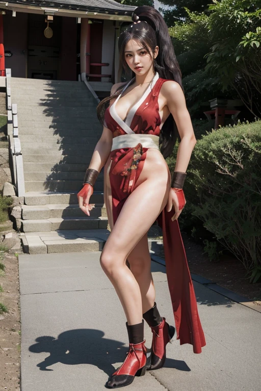 (mai shiranui:1.5), (tabi:2.0), (toe:1.2), (Full body portrait:2.0), Full body, (Realism), (masutepiece:2.0), (Best Quality), (ultra-detailliert), (8K, 4K, Convoluted), (Flat Lighting:1.2), (skinny), Prestige, Brown eyes, Long hair, brown eyes, long hair, brown hair, white ribbon, sleeveless, ponytail, sash, pelvic curtain, arm guards, gloves, tabi, fascinated expression, Sexy eyes, slim, medium breasts, Smile, Cute, view the viewer, Long hair, Close to Japan temple, (breasts focus:1.2), (Realistic:1.2), (Full Shot: 1.2), (85 mm), light Particle, Lighting, (Highly detailed:1.2), (Detailed face:1.2), (gradients), SFV, Colorful, (Detailed eyes:1.2), (Detailed temples of Japan: 1.2),(Detailed background), (Dynamic Angle:1.2), (Dynamic Pose:1.2), (Line of action:1.2), Wide Shot, Daylight, Solo.