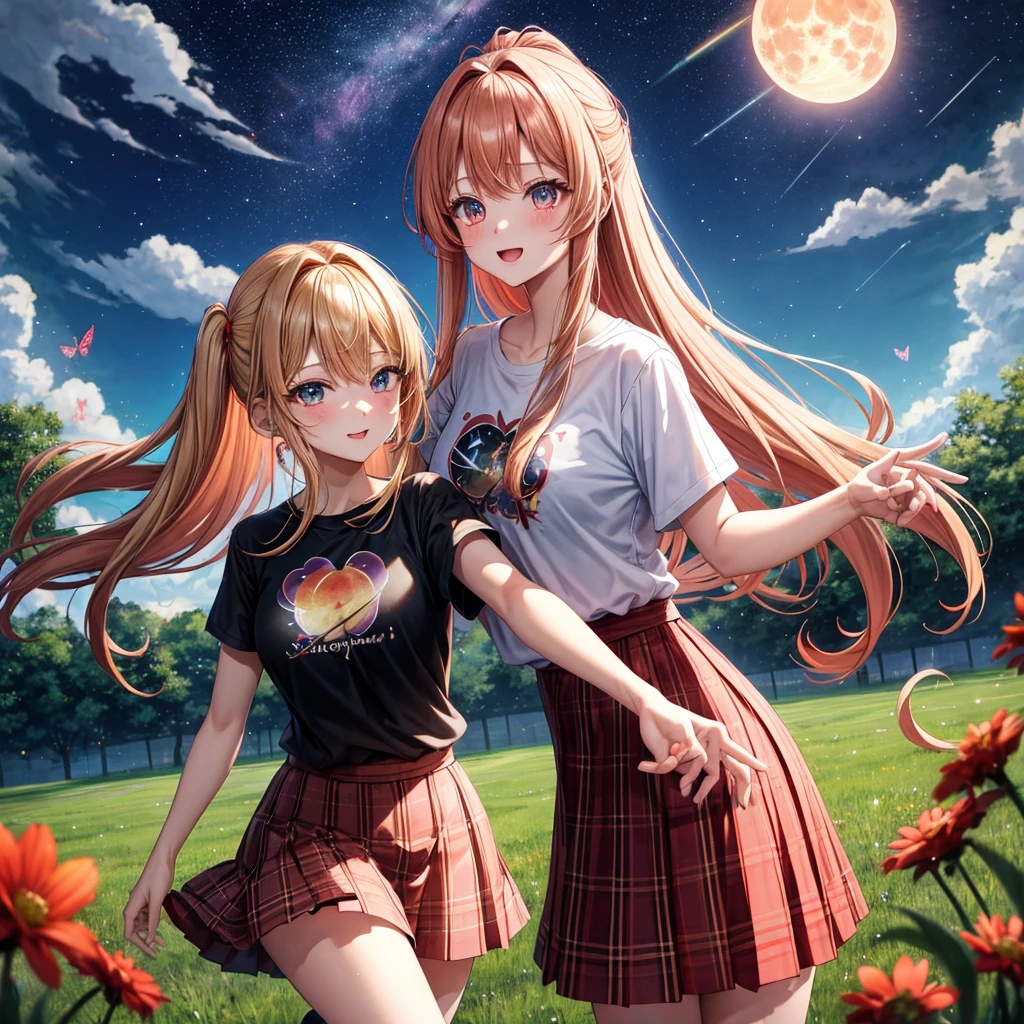 Red-blonde、poneyTail、verd s eyes、one good looking girl、独奏、animesque、lightly dressed、Plaid miniskirt、a black T-shirt、grass field、fullmoon、Meteor swarm、Glittering starry sky、rainbow butterfly flying
