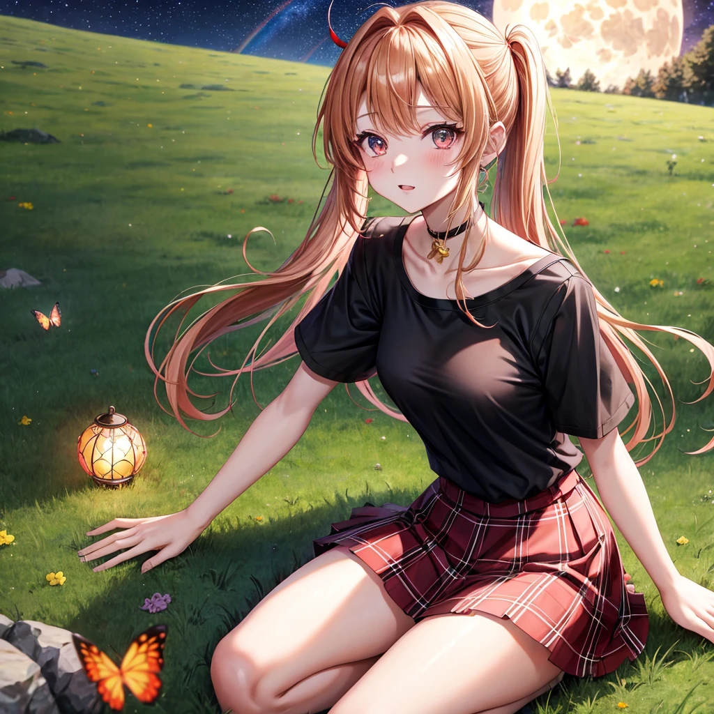 Red-blonde、poneyTail、verd s eyes、one good looking girl、独奏、animesque、lightly dressed、Plaid miniskirt、a black T-shirt、grass field、fullmoon、Meteor swarm、Glittering starry sky、rainbow butterfly flying