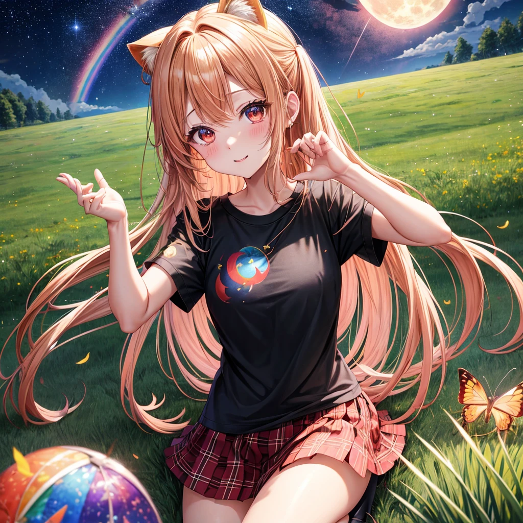 Red-blonde、poneyTail、verd s eyes、one good looking girl、独奏、animesque、lightly dressed、Plaid miniskirt、a black T-shirt、grass field、fullmoon、Meteor swarm、Glittering starry sky、rainbow butterfly flying