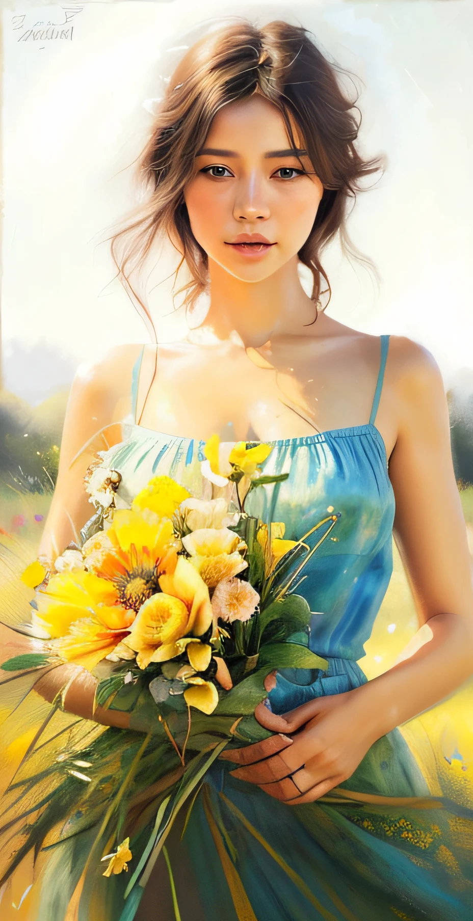 uma pintura de uma mulher segurando um ramo de flores em um campo, Estilo na pintura digital, estilo de pintura digital, mulher amarela bonita, pintura digital bonita, pintura de bonito, Wadim Kashin. ultra realistic, pintura digital elegante, por Yang J, digital art oil painting, lindo pintura digital, oilpainting style, por Li Song, com flores, oil painting style