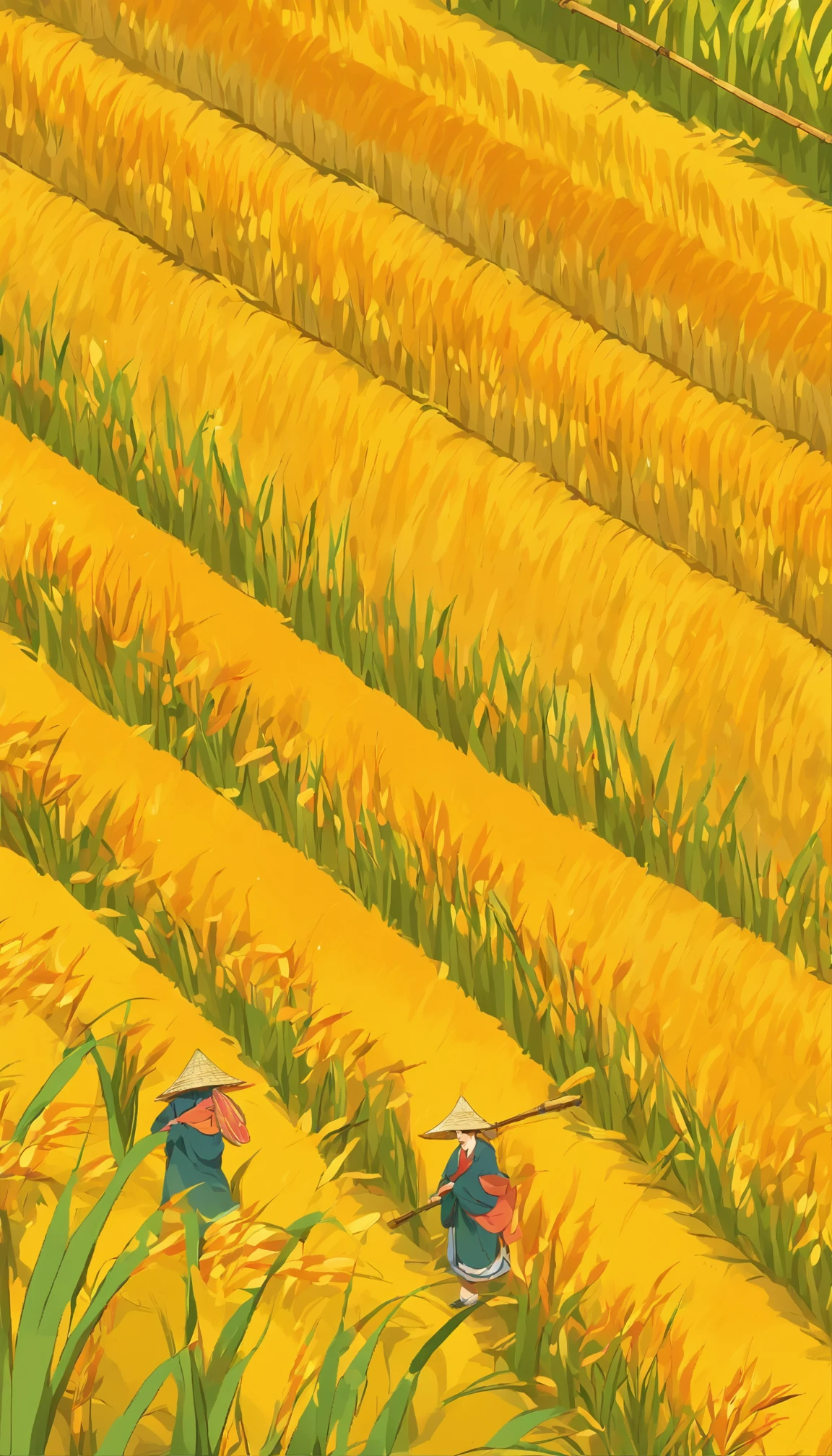 golden rice harvest，Farmers harvest，mountains and streams，Harvesting wheat in rows，Vector，The color is mainly gold，Digital illustration, Poster illustration, Gamine, , digital illustrations , Chinese-style painting,
