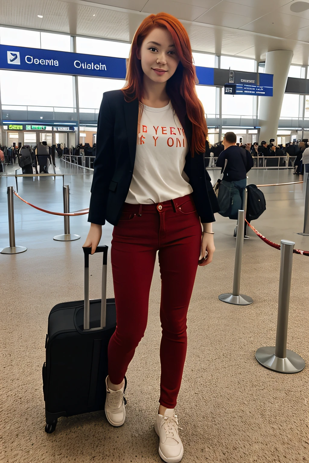 red hair young girl at airport full body half skinny