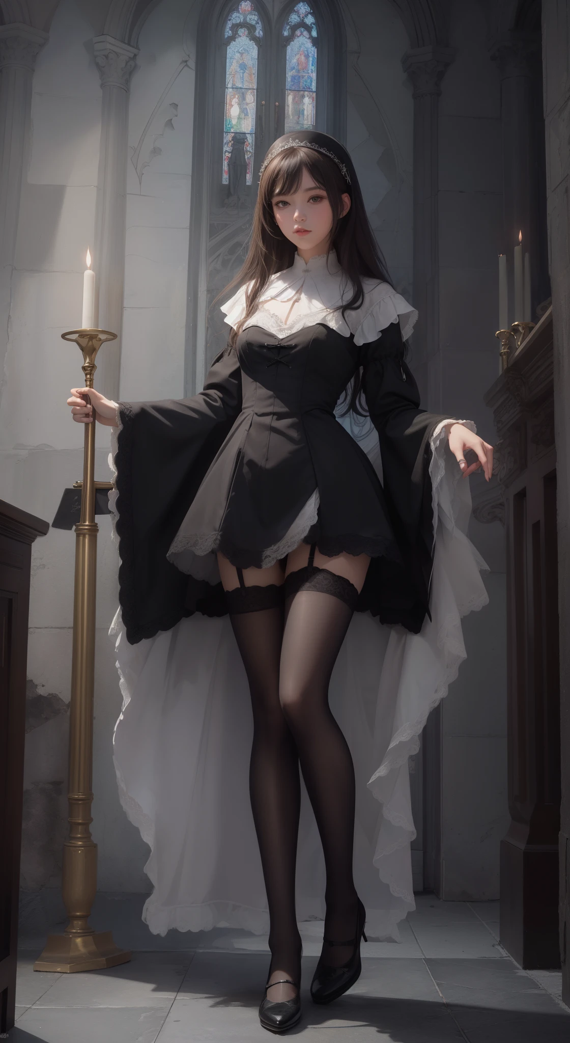 tmasterpiece，Highest image quality，Beautiful full body portrait of a girl，femele&#39;Short hair details，hair pin，Comes with lace nun and black stockings，Church background，Ultra-detailed details，advanced。At the Pixiv Art Station，Break your own power，The kinky is exposed，R-18G