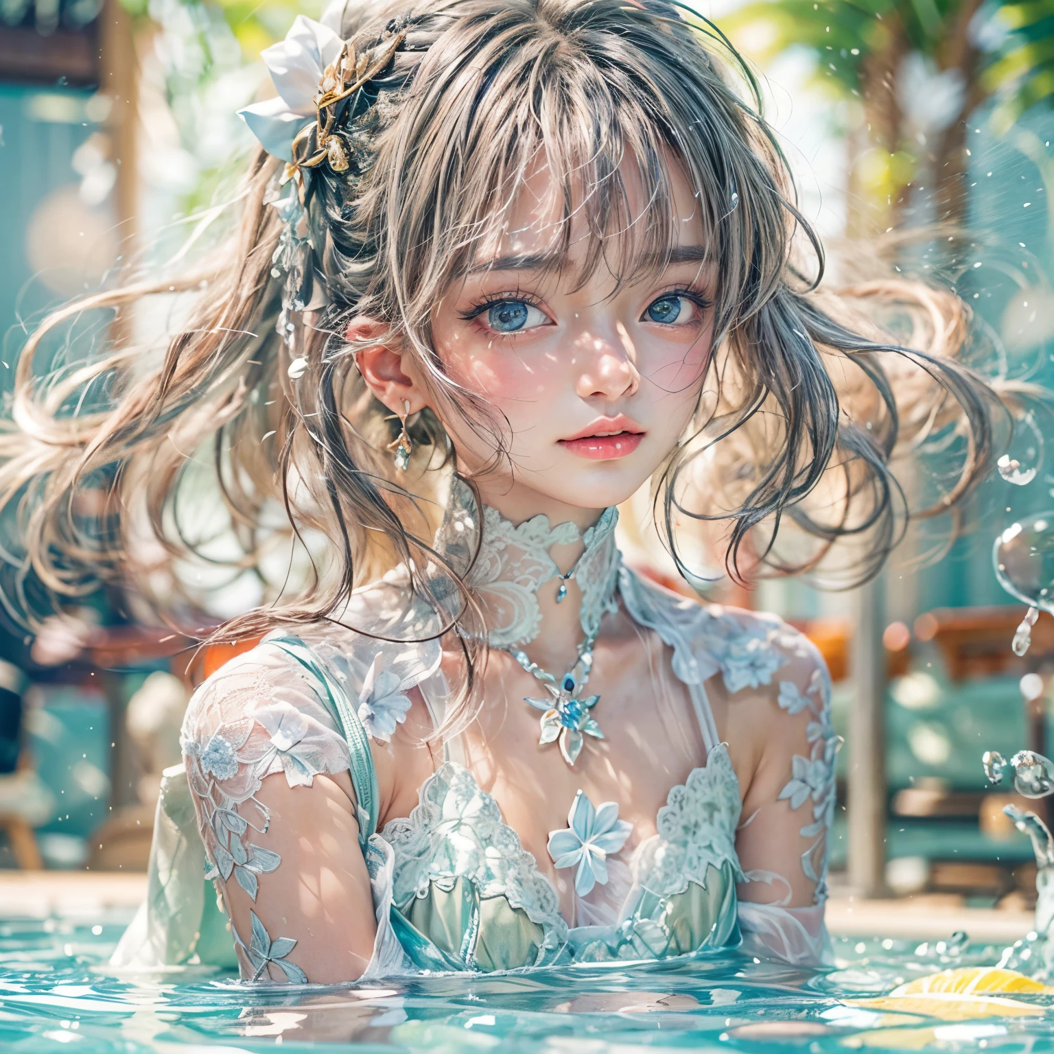 (masterpiece:1.28, Acutance, RAW, Realistic, 真实感: 1.37), realisticlying, softlighting. ( Tiny Girls jumping into the pool:1.2 )、{ Falling | splash water | shout | Luminous water surface | White and Vivid colors }, (under the mesmerizing back lighting), glistening ivory skin, sparkling highlights, Detailed KAWAII face with cute lips, long eyelashes, Delicate lace knitted clothes, Detailed open crotch, Whole Body proportions and all limbs are anatomically accurate . (correct limbs)