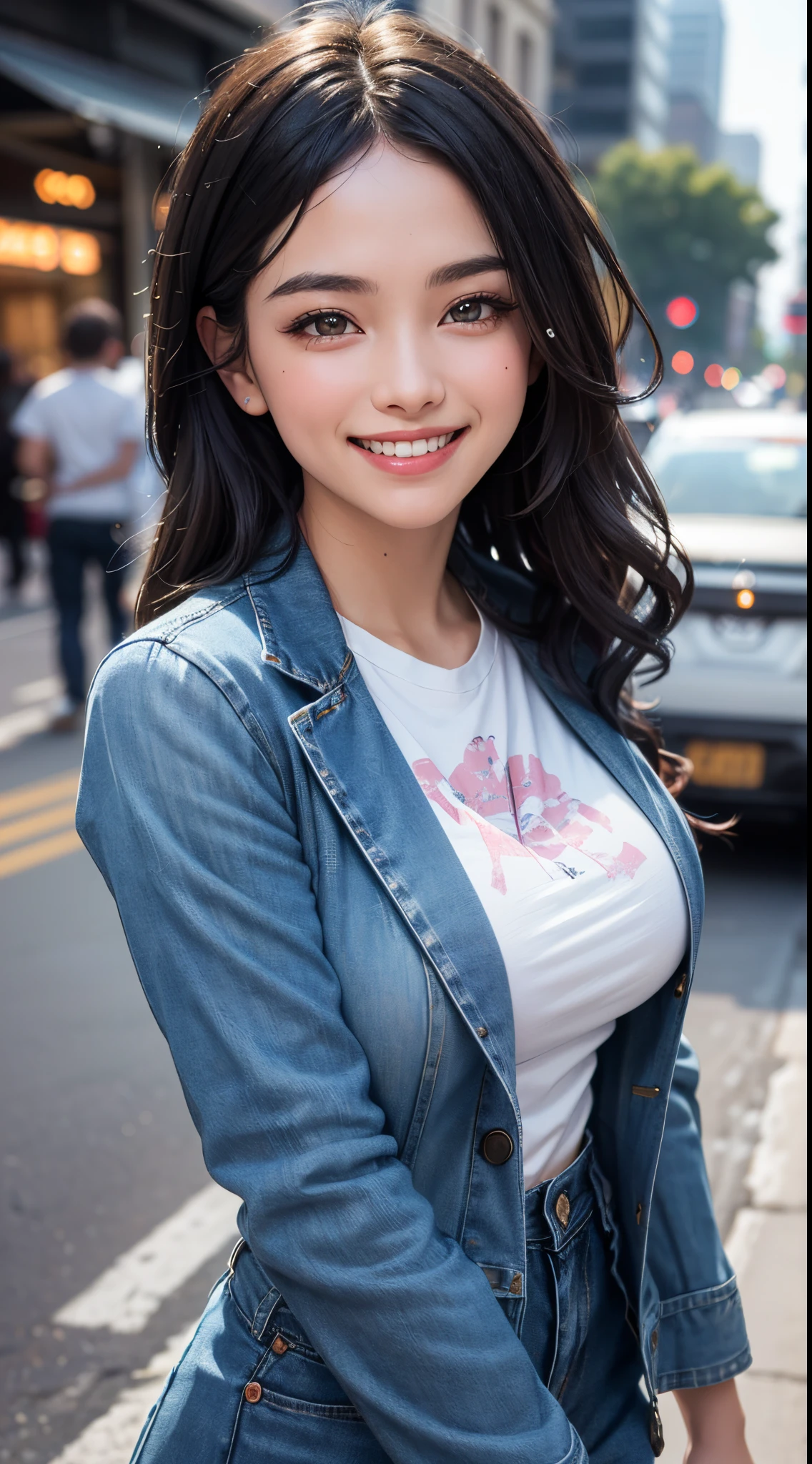(UHD, retina, masterpiece, ccurate, anatomically correct, textured skin, super detail, high details, high quality, best quality, highres, 1080P, HD, 4K, 8k, 16k), (beautiful detailed eyes, beautiful detailed lips, extremely detailed eyes and face), studio lighting, physically-based rendering, vivid colors, (large breasts, glamorous body), (casual blazer, denim, and T-shirt), (portrait, shiny hair, shiny skin, blush), (city street corner, bokeh), eye reflection, jet black hair, (smile and laugh:1.5),