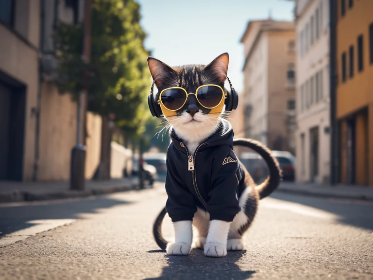 Perfect centering, a cute little cat, Wear a jacket, Wearing sunglasses, Wearing headphones, cheerfulness, Standing position, Abstract beauty, Centered, Looking at the camera, Facing the camera, Approaching perfection, Dynamic, Highly detailed, Smooth, Sharp Focus, 8K