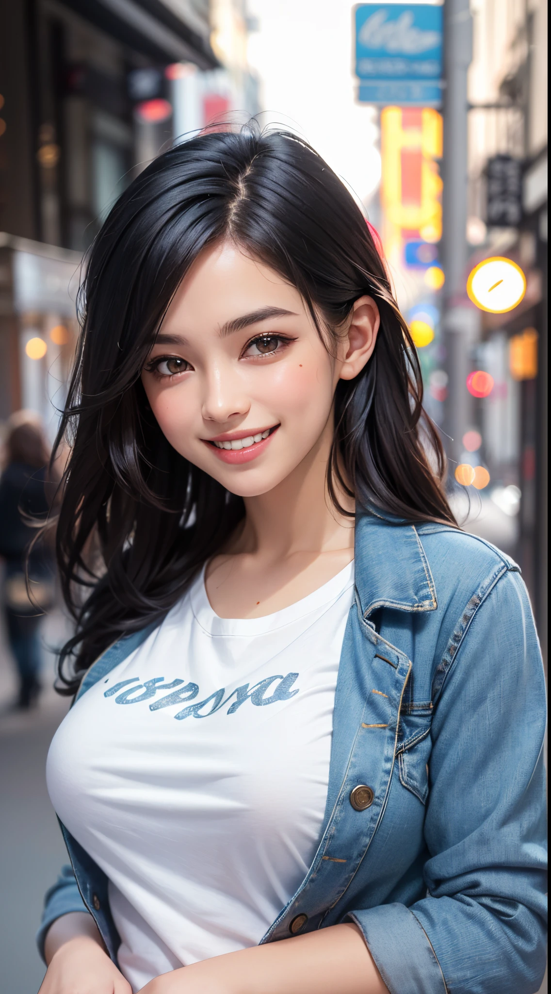(UHD, retina, masterpiece, ccurate, anatomically correct, textured skin, super detail, high details, high quality, best quality, highres, 1080P, HD, 4K, 8k, 16k), (beautiful detailed eyes, beautiful detailed lips, extremely detailed eyes and face), studio lighting, physically-based rendering, vivid colors, (large breasts, glamorous body), (casual blazer, denim, and T-shirt), (portrait, shiny hair, shiny skin, blush), (art gallery wall, bokeh), eye reflection, jet black hair, (smile and laugh:1.5),