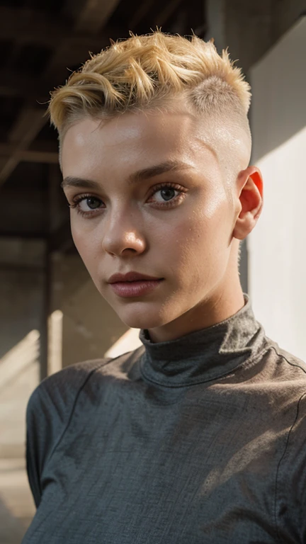 a 20 yo woman, blonde, (hi-top fade:1.3), dark theme, soothing tones, muted colors, high contrast, (natural skin texture, hyperrealism, soft light, sharp, perfect face)