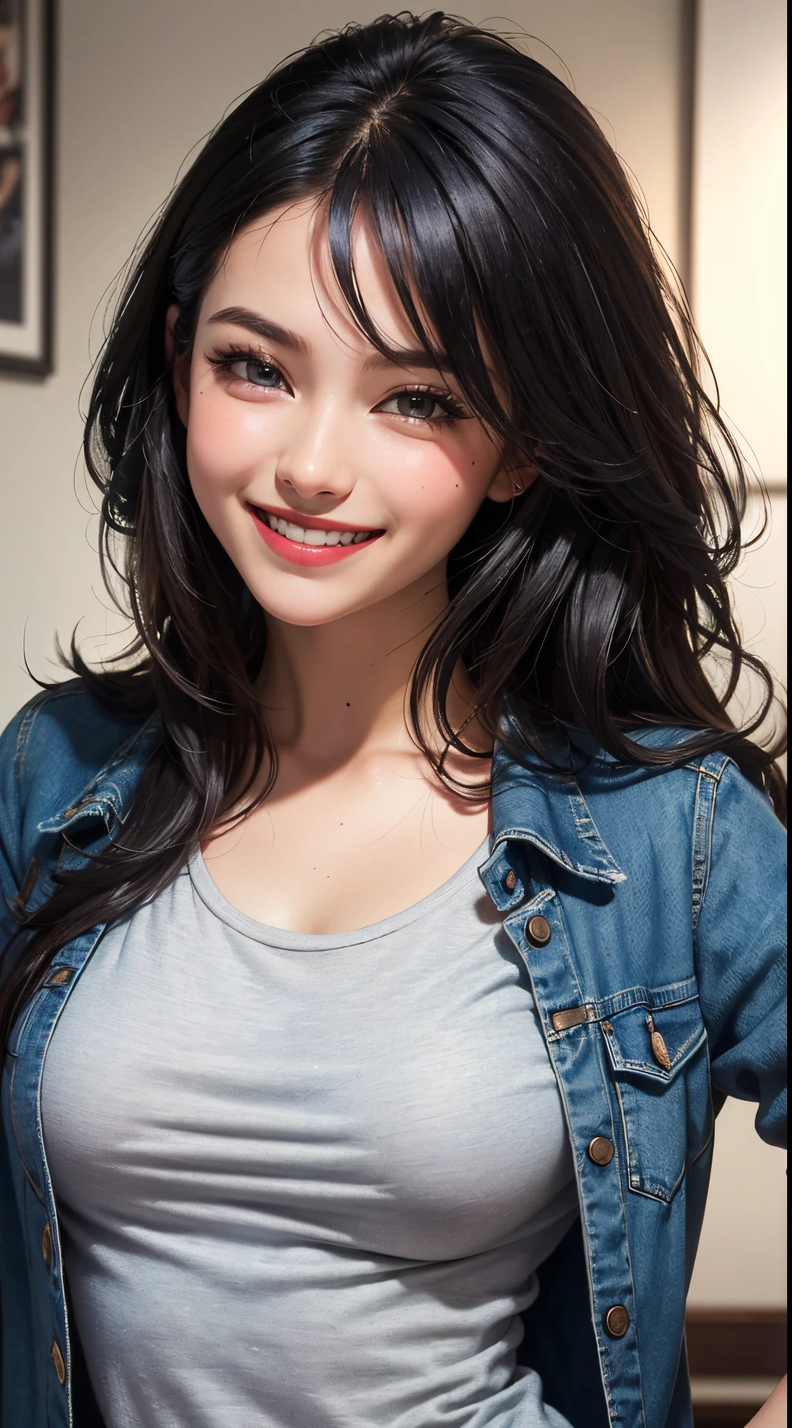 (UHD, retina, masterpiece, ccurate, anatomically correct, textured skin, super detail, high details, high quality, best quality, highres, 1080P, HD, 4K, 8k, 16k), (beautiful detailed eyes, beautiful detailed lips, extremely detailed eyes and face), studio lighting, physically-based rendering, vivid colors, (large breasts, glamorous body), (casual blazer, denim, and T-shirt), (portrait, shiny hair, shiny skin, blush), (art gallery wall, bokeh), eye reflection, jet black hair, (smile and laugh:1.5),