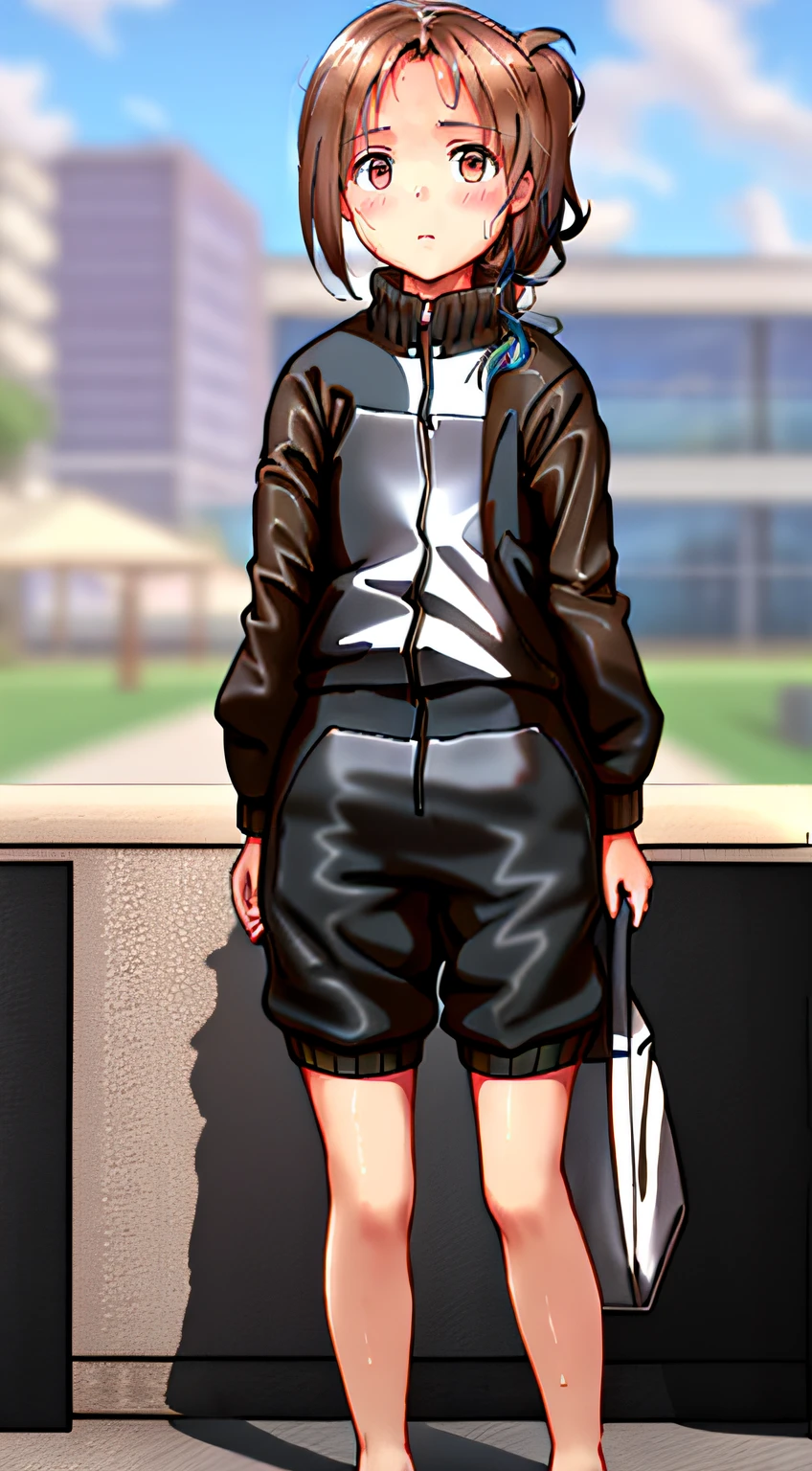 Girl with dark brown ponytail,Wet short-sleeved sportswear,Wear black shoes