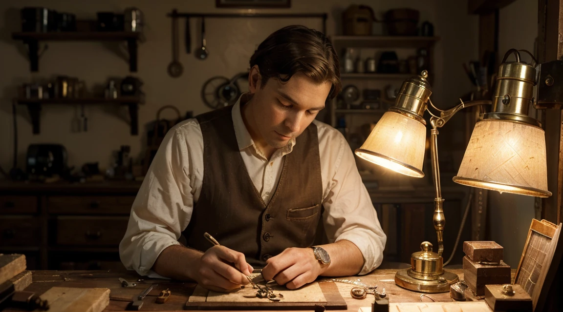 In an old watchmaker's workshop, an old watchmaker diligently repairs watches by the lamp. The scene is filled with a nostalgic atmosphere as the watchmaker carefully attends to each intricate detail. The workshop is adorned with vintage tools, cluttered workbenches, and shelves lined with an array of antique timepieces. The craftsmanship of the watchmaker is evident in the delicate movements of his hands as he meticulously repairs the watches, ensuring their precise ticking. The room is bathed in warm, soft lighting from the lamp, casting gentle shadows and revealing the exquisite textures of the workshop. The high-quality composition captures every minute detail with precision, showcasing the mastery of the watchmaker's art. The overall aesthetic style leans towards a vintage, nostalgic feel, with a color palette that highlights earthy tones and warm hues, reminiscent of aged wood and polished brass. The lighting emphasizes the beautiful craftsmanship, creating a play of light and shadow that enhances the depth and realism of the scene. The prompt guarantees the best image quality with exceptional resolution, allowing for ultra-detailed rendering and capture of the watchmaker's every movement.