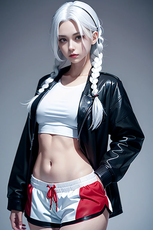 1girl, white hair, red eyes, navel, looking at viewer, hand on hip, black jacket, dolphin shorts, groin, (white shirt:1.2), braid, very long hair, wide hips, 
underboob, shirt, 
big\(BodyProportions\),