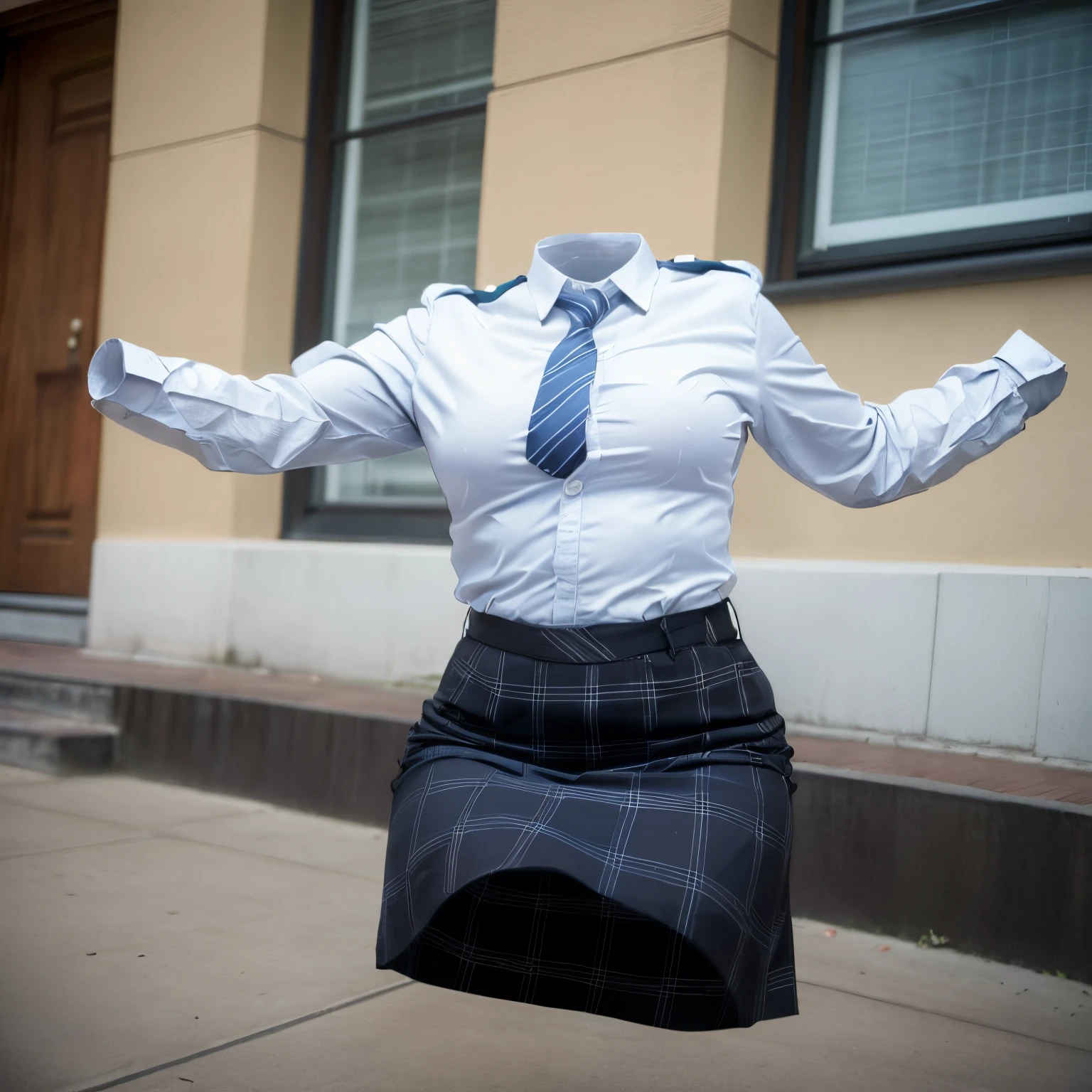 chubby, fat, white shirt, blue stripe tie, school tie, school uniform, plaid skirt, (from below), cute pose, (invisible, no humans, headless, faceless:1.5), cute big breasts, (8k, RAW photo, best quality, masterpiece:1.2), (realistic, photo-realistic:1.37), photon mapping, radiosity, ((Hasselblad photography)), physically-based rendering