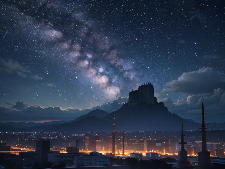 octans, 天空, stele(天空), landscapes, starrysky, natta,  nigh sky, 独奏, plein air, built, 云, milkyway, sitting on, The tree, length hair, 城市, silhuette, Cityscape,